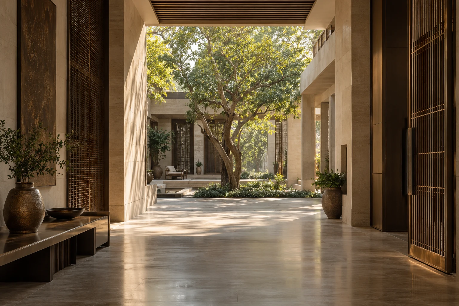 A contemporary stone courtyard home framed by timber screens and natural light