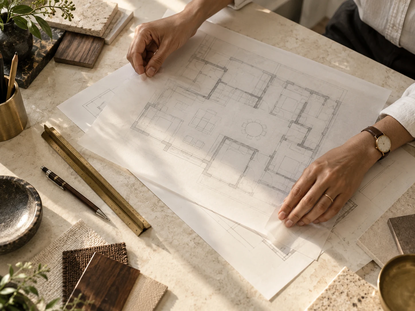 Hands comparing a residential floor plan with a sheet of tracing paper